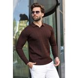 Madmext Kahverengi Polo Yaka Saç Örgü Desenli Erkek Triko Kazak E7519