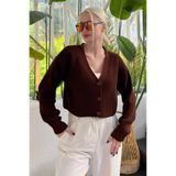 Madmext Kahverengi Uzun Kollu Düğmeli Crop Hırka Mg2198,Kahverengi L