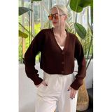 Madmext Kahverengi Uzun Kollu Düğmeli Crop Hırka Mg2198,Kahverengi M