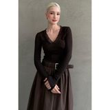 Madmext Kahverengi V Yaka Dantelli Kadın Bluz MG2633