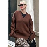 Madmext Kahverengi V Yaka Oversize Kadın Triko Kazak Mg2149,Kahverengi L