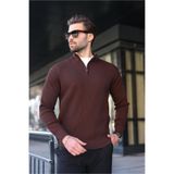 Madmext Kahverengi Yarım Fermuarlı Dik Yaka Erkek Triko Kazak 7442