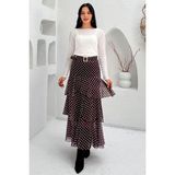 Madmext Kahverengi/beyaz Kemerli Yırtmaçlı Puantiye Desen Volanlı Etek MG2715 - Kahverengi - Beyaz - XL