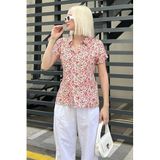 Madmext Kırmızı Çiçek Desenli Kısa Kollu Kadın Gömlek Mg2098,Kırmızı S