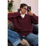 Madmext Koyu Bordo V Yaka Oversize Kadın Triko Kazak MG2149