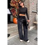 Madmext Koyu Siyah Bol Paça Kadife Pantolon MG2283