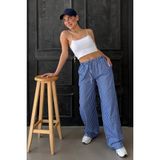 Madmext Lacivert Beli Ayarlanabilir Çizgili Cepli Kadın Pantolon MG2312 %60 Cotton %40 Polyester