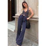 Madmext Lacivert Beli Büzgülü Wide Leg Kumaş Pantolon MG1950