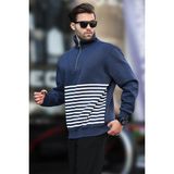 Madmext Lacivert Fermuar Yakalı Çizgili Sweatshirt 7056