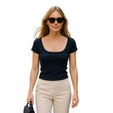 Madmext Lacivert Geniş Yaka Kadın T-Shirt Mg2341,Lacivert L