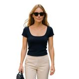 Madmext Lacivert Geniş Yaka Kadın T-Shirt Mg2341,Lacivert S