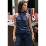 Madmext Lacivert Halter Yaka Saten Bluz MG2685