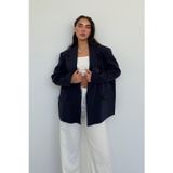 Madmext Lacivert Keten Blazer Kadın Ceket Mg2443