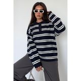 Madmext Lacivert Polo Yaka Çizgili Kadın Triko Kazak Mg2469,Lacivert S