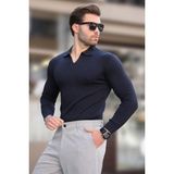Madmext Lacivert Polo Yaka Çizgili Uzun Kollu Erkek Kazak 7289 - S