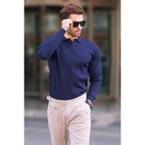 Madmext Lacivert Polo Yaka Uzun Kollu Kazak Erkek Klasik Stil Çizgili Desen - XL
