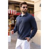 Madmext Lacivert Polo Yaka Yarım Fermuarlı Örme Erkek Kazak E7201 - 2XL