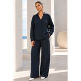 Madmext Lacivert V Yaka Çizgili Gömlek Pantolon Takım Mg2852