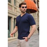 Madmext Lacivert V Yaka Kısa Kollu Triko Erkek Tişört E7467 - 2XL