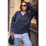 Madmext Lacivert V Yaka Oversize Kadın Triko Kazak MG2149
