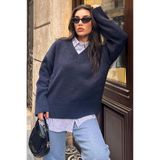 Madmext Lacivert V Yaka Oversize Kadın Triko Kazak Mg2149,Lacivert M