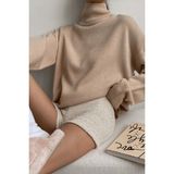 Madmext Mad Girls Kadın Bej Balıkçı Yaka Kazak Düz Desenli Oversize Kesim Günlük Stil - Standart