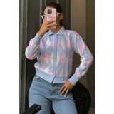 Madmext Mavi Baklava Desenli Polo Yaka Kadın Hırka MG2478
