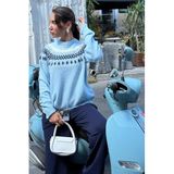 Madmext Mavi Bisiklet Yaka Desenli Kadın Triko Kazak Mg2502,Mavi M