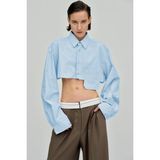 Madmext Mavi Cep Detaylı Kadın Crop Gömlek Uzun Kol Düz Desen %90 Polyester