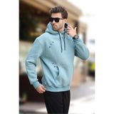 Madmext Mavi Kapüşonlu Cep Detaylı Nakışlı Erkek Sweatshirt 7054,Mavi M