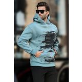 Madmext Mavi Kapüşonlu Desenli Cep Detaylı Erkek Sweatshirt 7059