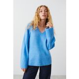 Madmext Mavi V Yaka Oversize Kadın Triko Kazak MG2149