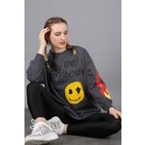 Madmext MG1207 Mad Girls Antrasit Baskılı Oversize Sweatshirt