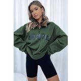 Madmext MG1246 Haki Fermuar Detaylı Baskılı Kadın Sweatshirt