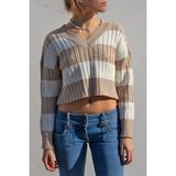 Madmext MG1441 Bej V Yaka Çizgili Crop Kadın Kazak