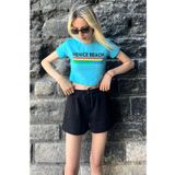 Madmext MG1535 Turkuaz Baskılı Crop Kadın T-shirt