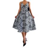 Madmext MG1537 Siyah Desenli Dekolteli Midi Boy Elbise