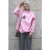 Madmext MG1572 Pembe Bisiklet Yaka Baskılı Kadın Sweatshirt