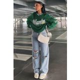 Madmext MG1576 Yeşil Baskılı V Yaka Kadın Sweatshirt