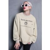 Madmext MG1577 Bej Bisiklet Yaka Baskılı Oversize Kadın Sweatshirt