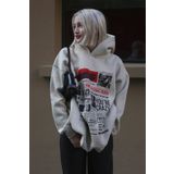 Madmext MG1581 Bej Baskılı Oversize Kapüşonlu Kadın Sweatshirt