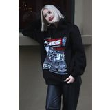 Madmext MG1581 Siyah Baskılı Oversize Kapüşonlu Kadın Sweatshirt