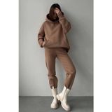 Madmext MG1609 Kahverengi Kapüşonlu Oversize Kadın Eşofman Takımı
