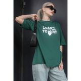 Madmext MG1653 Koyu Yeşil Baskılı Bisiklet Yaka Kadın T-shirt