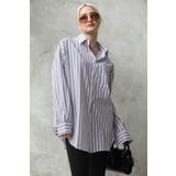 Madmext MG1688 Gri Çizgili Oversize Kadın Gömlek