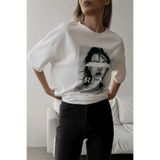 Madmext MG1764 Ekru Oversize Baskılı Kadın T-shirt