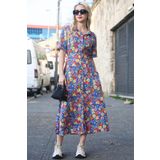 Madmext MG1821 Mavi Çiçek Desenli Gömlek Yaka Midi Elbise