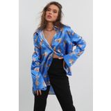 Madmext MG187 Mad Leoparlı Mavi Saten Kadın Gömlek