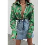 Madmext MG187 Mad Leoparlı Yeşil Saten Kadın Gömlek