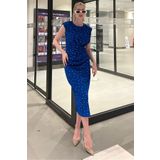 Madmext MG2030 Saks Puantiyeli Bisiklet Yaka Elbise